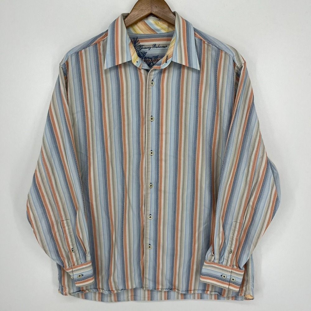 Tommy Bahama Mens Large Blue Orange Striped Long Sleeve Tencel Cotton Shirt